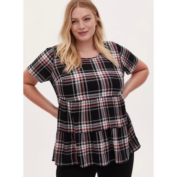 🆕 Black & Red Plaid Shirred Hem Top 0 L 12 NWT Torrid New! Blouse - Picture 5 of 6